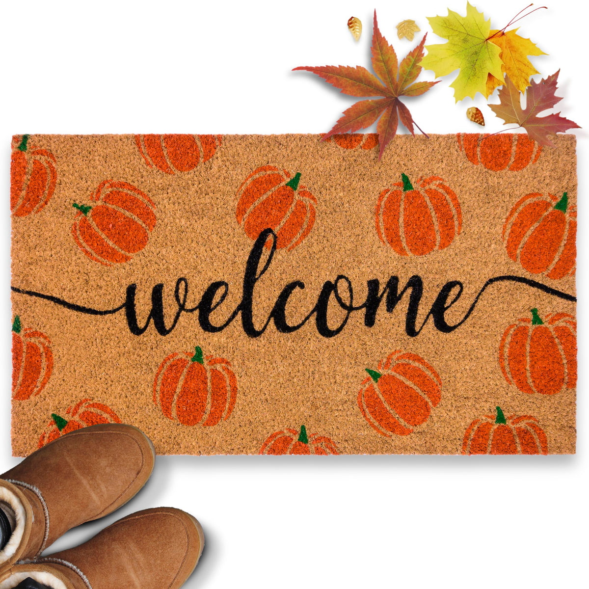MAINEVENT pumpkin doormat front view welcomes guests and traps dirt