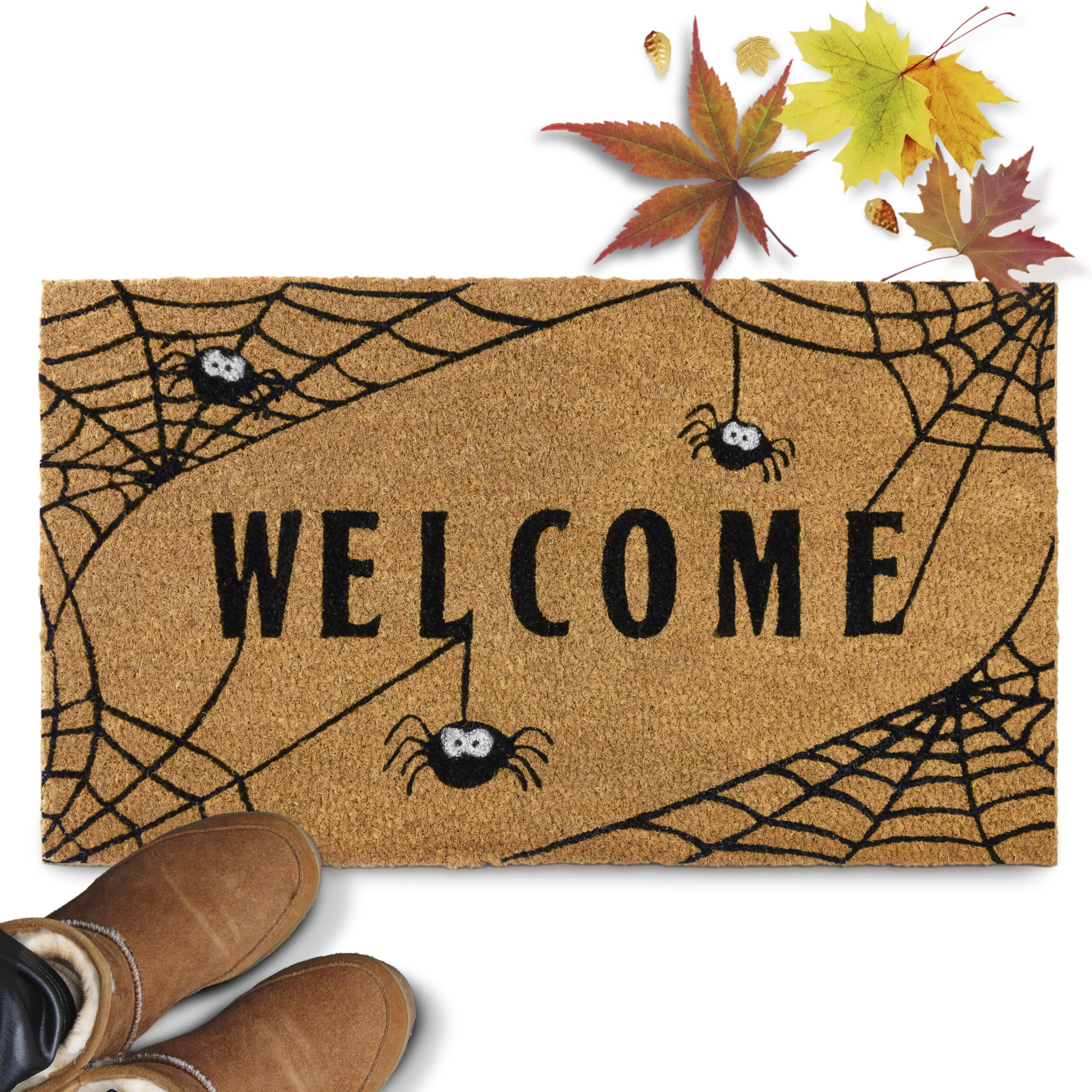 MAINEVENT front view of spiderweb doormat showing clear welcome design and durable scraping