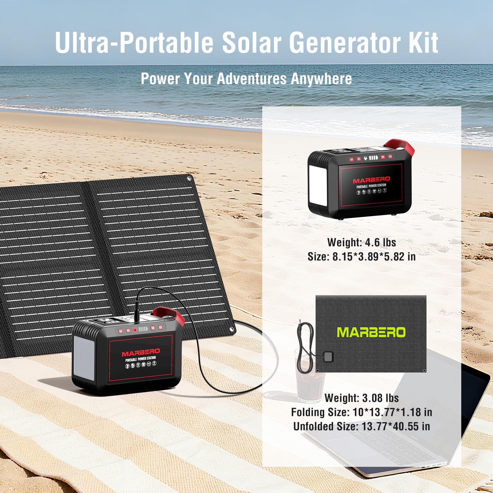 MARBERO foldable 60W solar panel top view highlighting compact portability