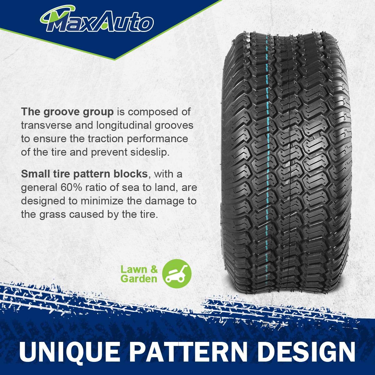 MaxAuto tire mounted on a riding mower in use, demonstrates stable lawn performance
