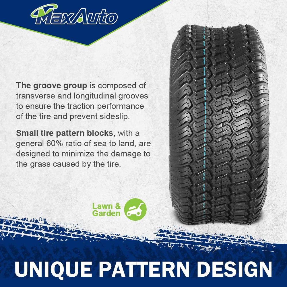 MaxAuto tire mounted on a riding mower in use, demonstrates stable lawn performance