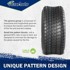 MaxAuto tire mounted on a riding mower in use, demonstrates stable lawn performance