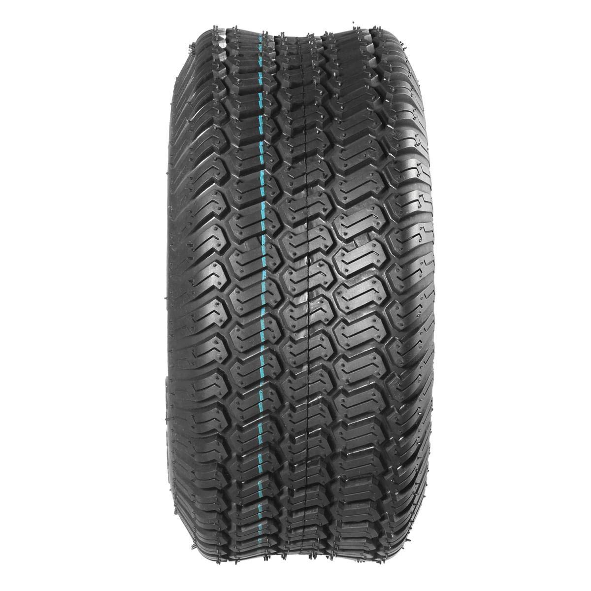 MaxAuto tire on a mower in a backyard, illustrates turf-friendly grip and appearance