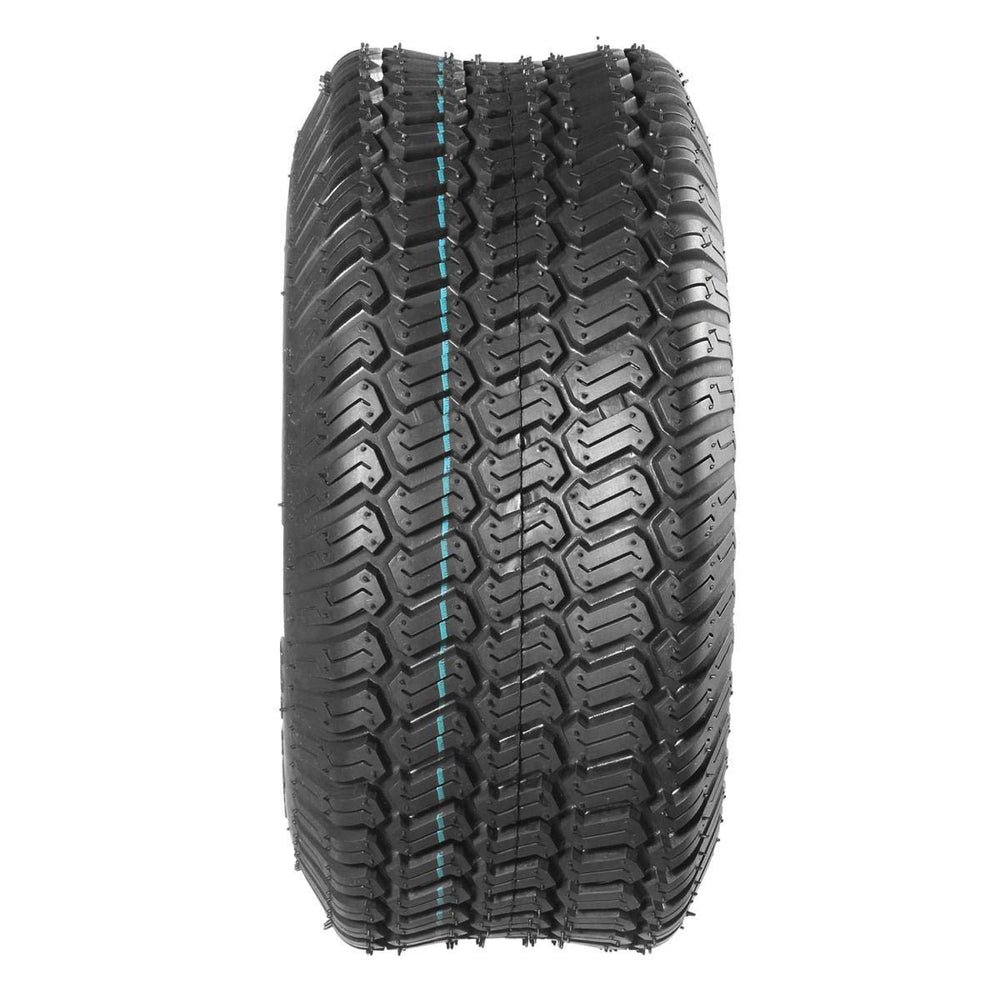 MaxAuto tire on a mower in a backyard, illustrates turf-friendly grip and appearance