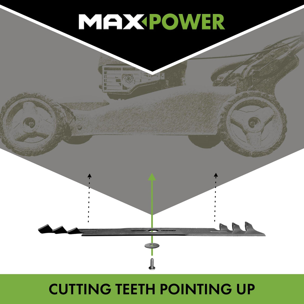 Maxpower blades installed in mower deck demonstrating improved mulching benefit