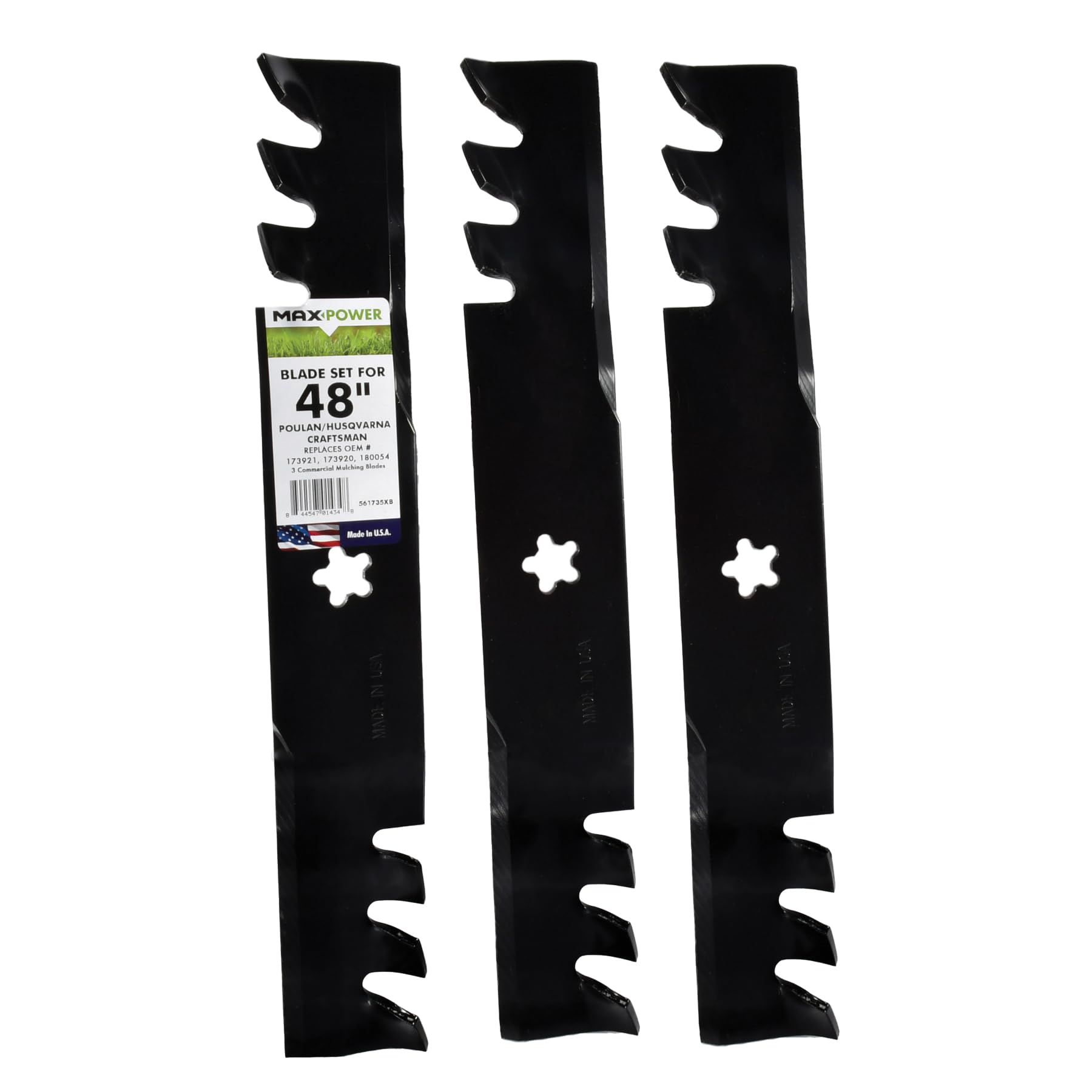 Maxpower front packaging showing three mulching blades and fitment benefit