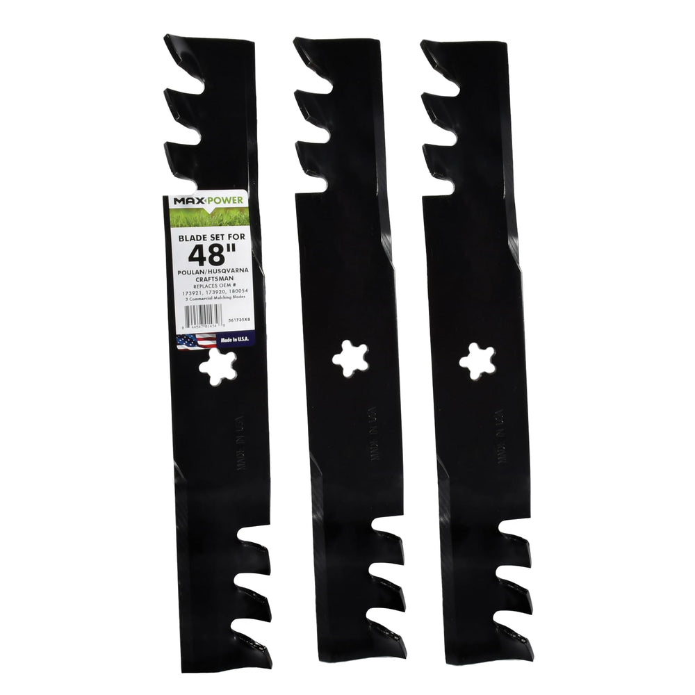 Maxpower front packaging showing three mulching blades and fitment benefit