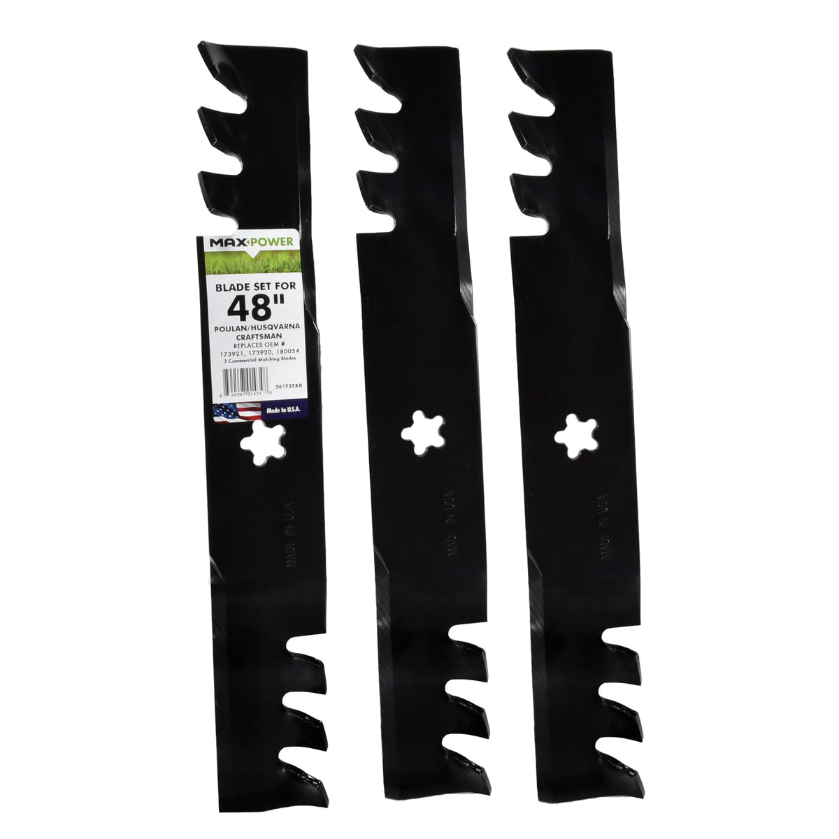 Maxpower front packaging showing three mulching blades and fitment benefit