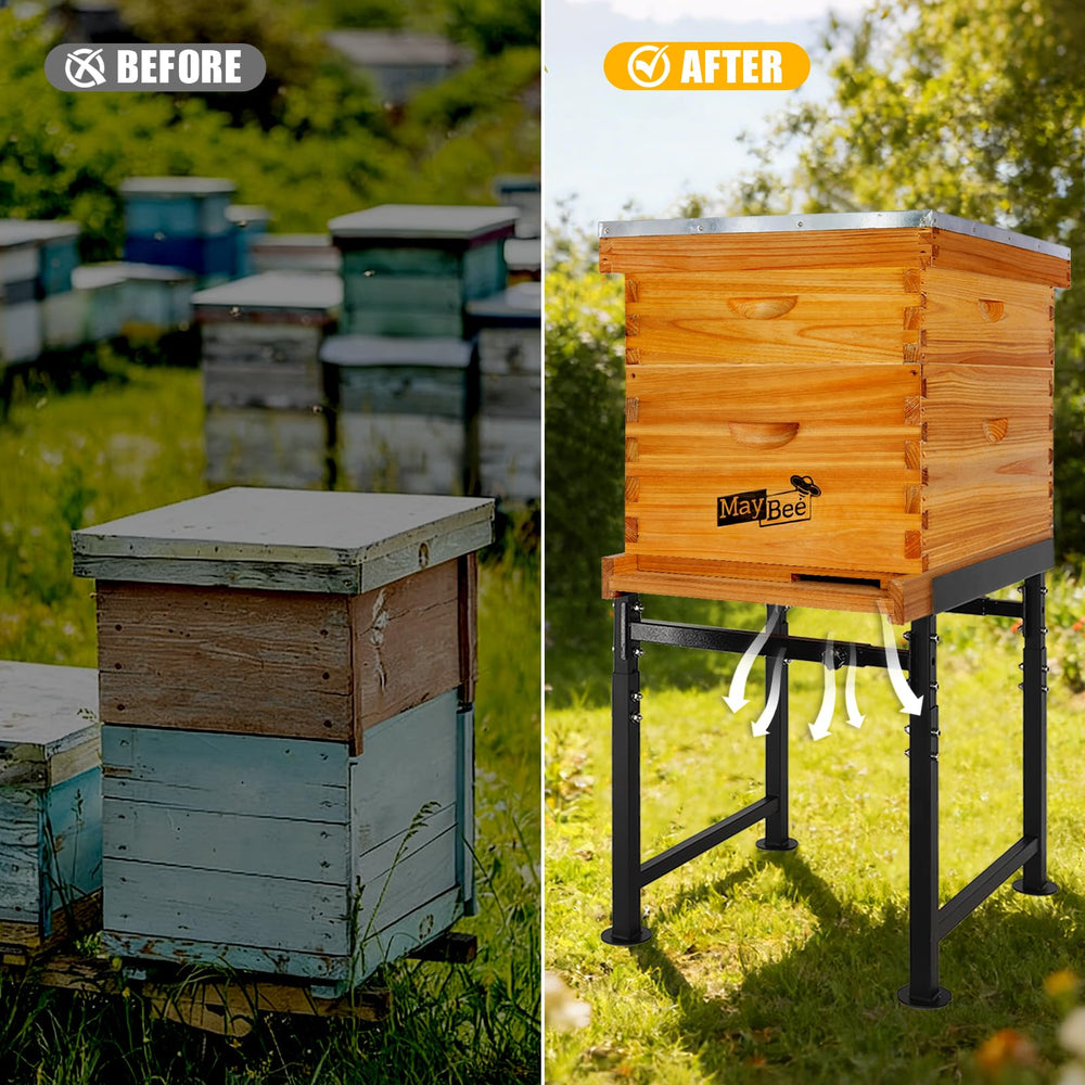 MayBee stand holding a beehive demonstrating lifted hive access benefit