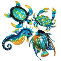 Meduofon front view of all four ocean metal sculptures showing colorful set