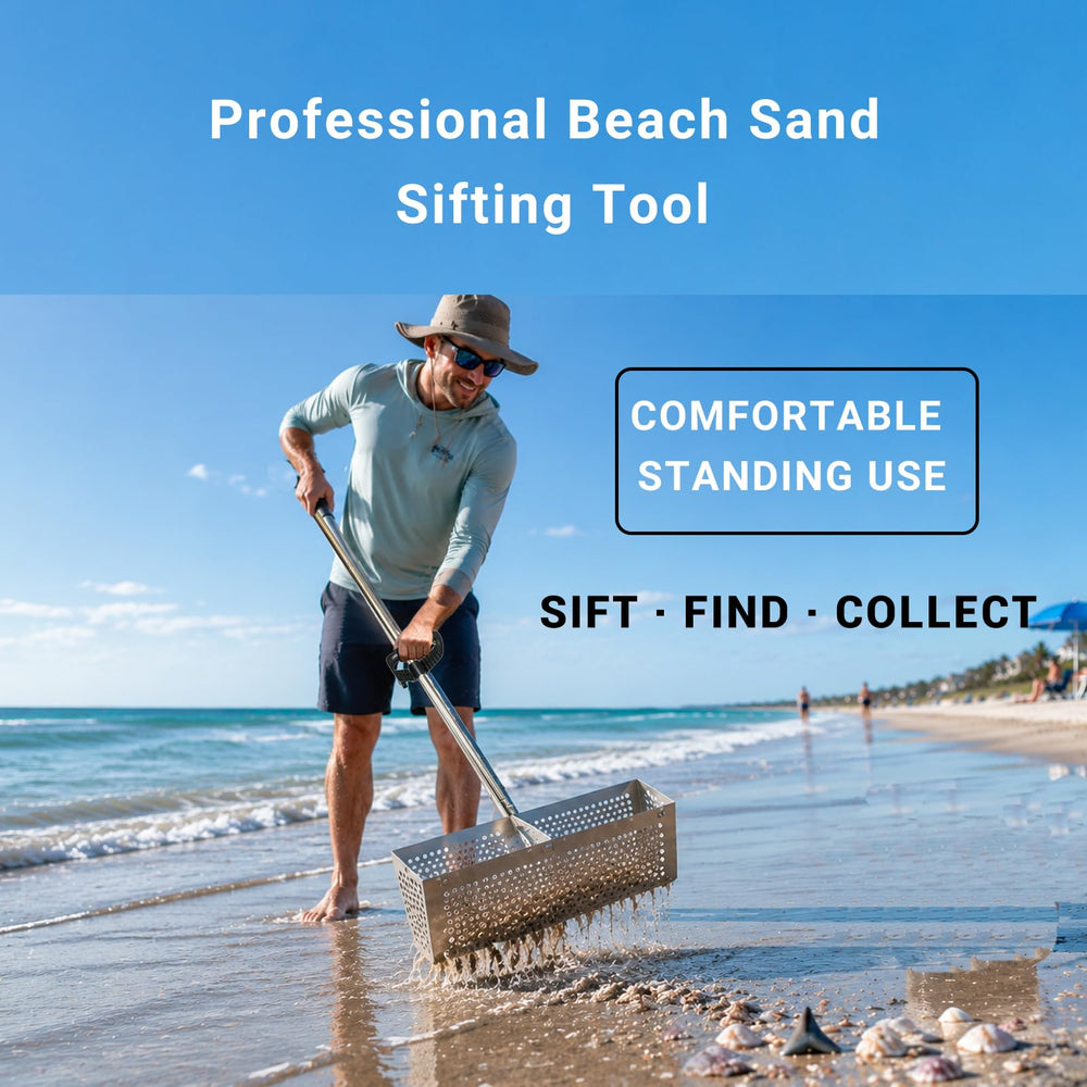 MEEGOON rake assembled on a sandy beach demonstrating full 55-inch reach for surf access