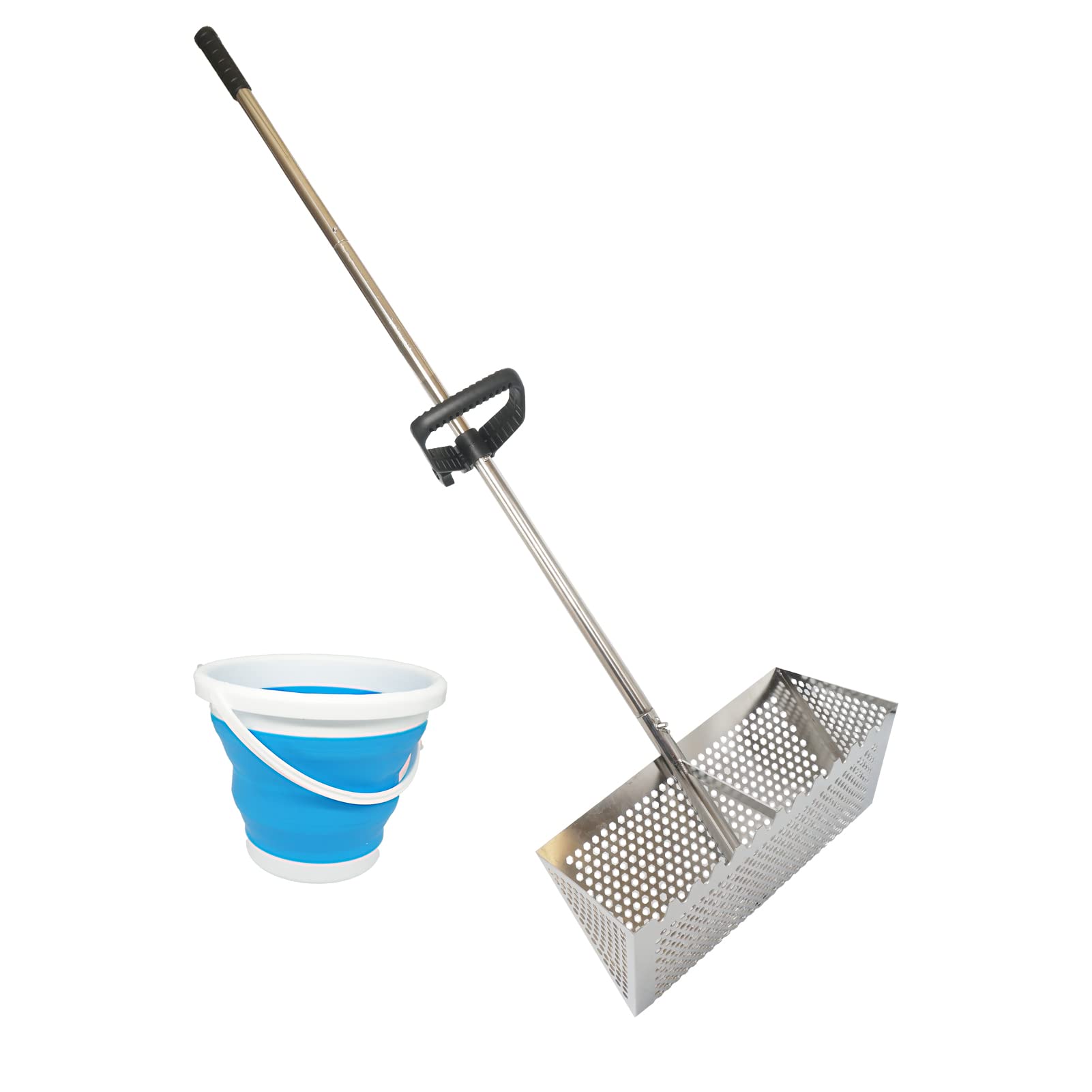 MEEGOON rake front view showing stainless steel head and sturdy catcher for durable sifting