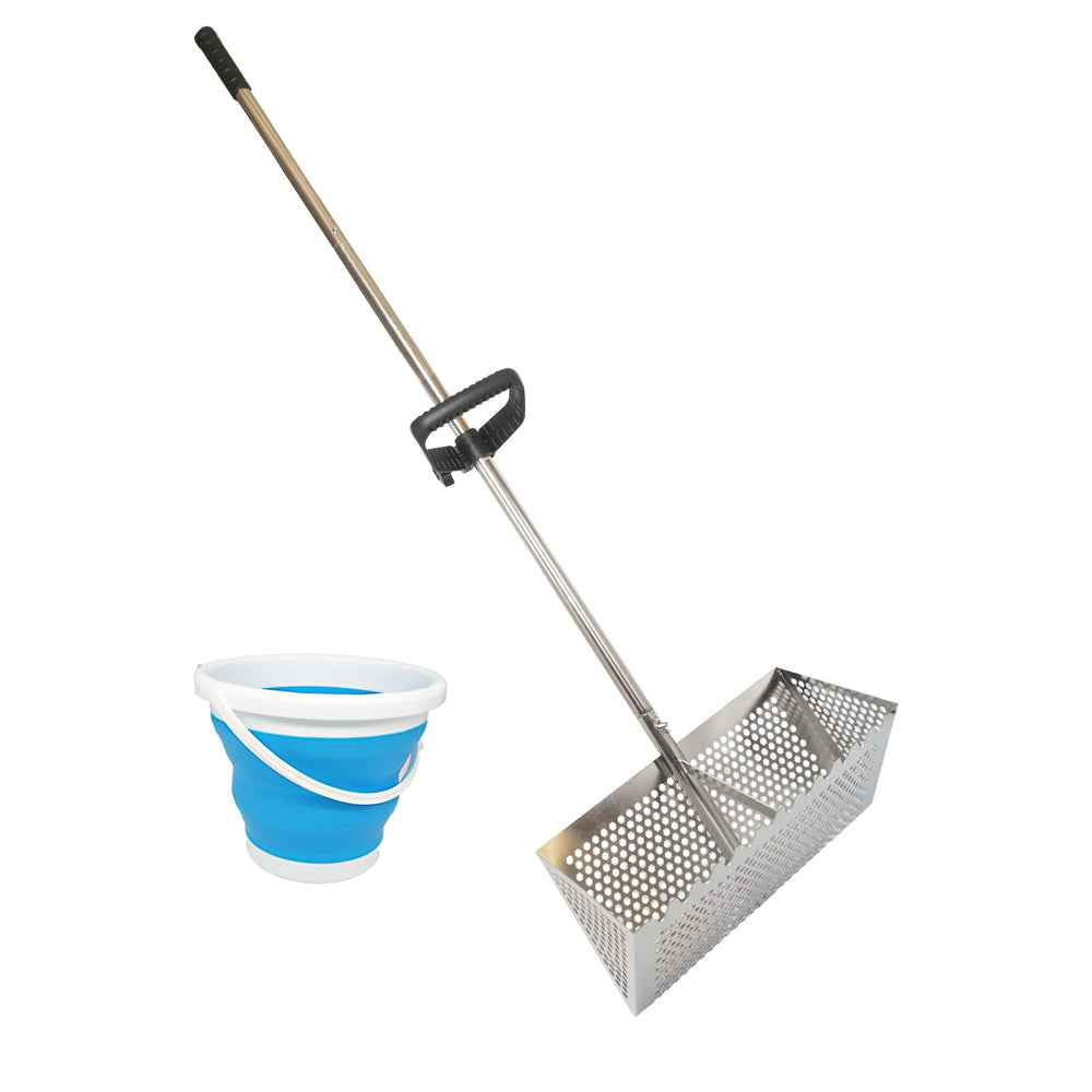 MEEGOON rake front view showing stainless steel head and sturdy catcher for durable sifting