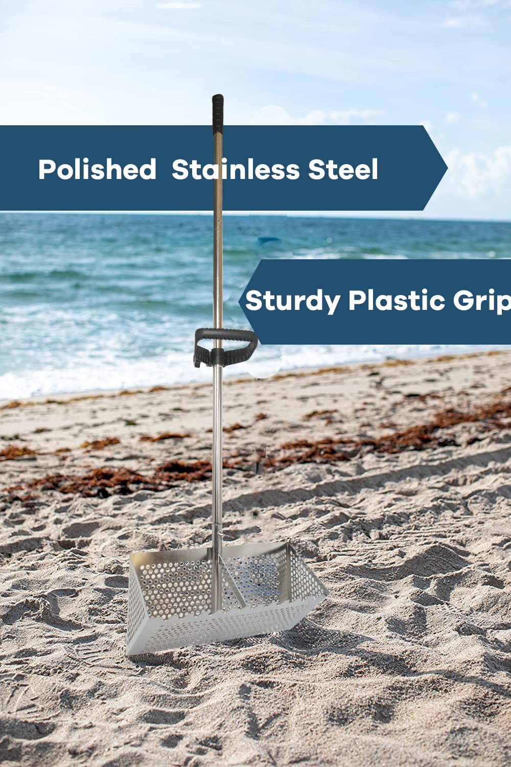 MEEGOON rake sifting through sand with shells to show efficient collection