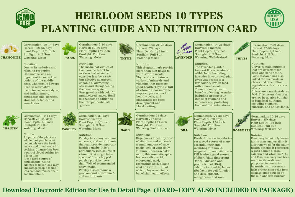 Meekear assortment of ten herb seed packets laid out for planting variety