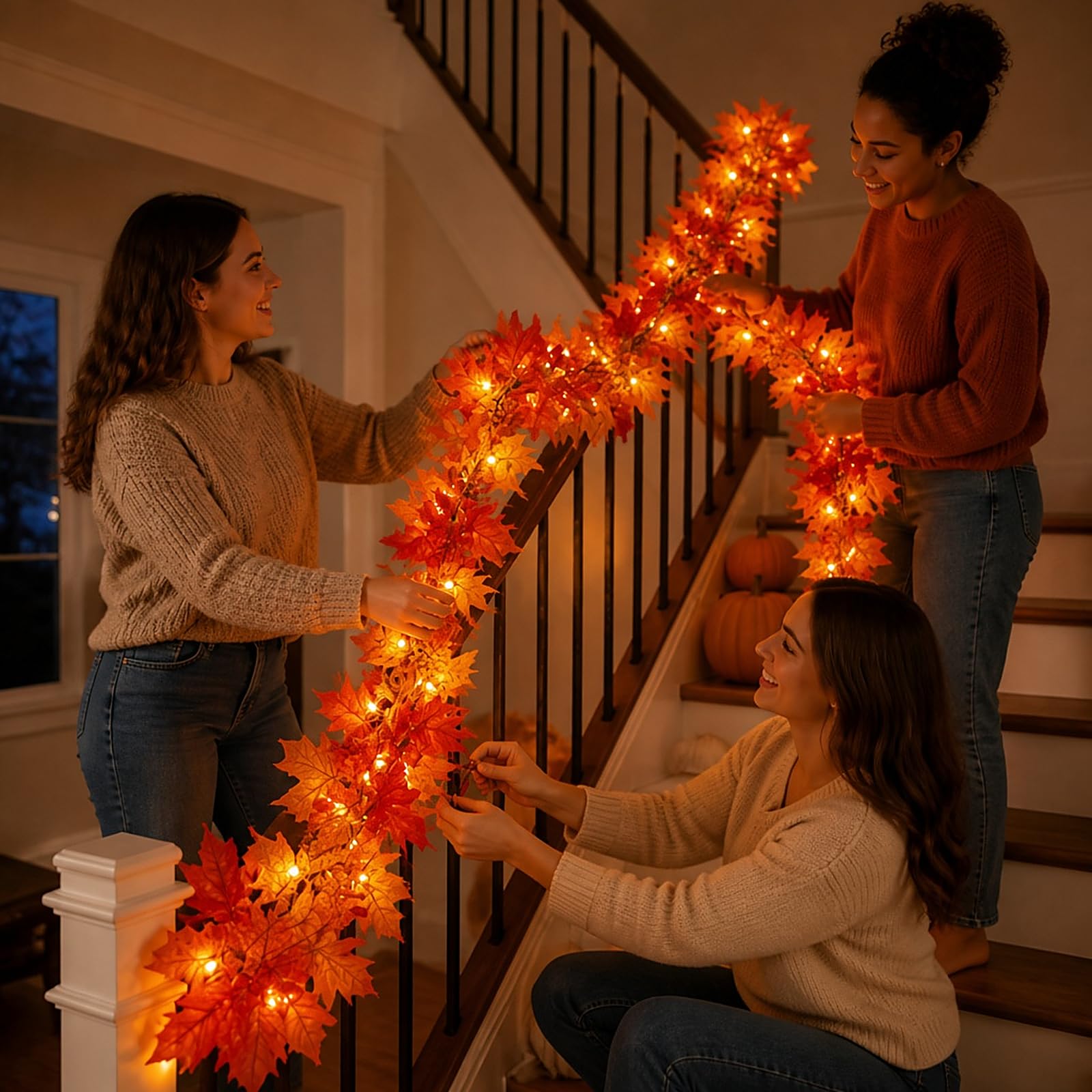 Meknow garland draped across mantel creating cozy holiday atmosphere