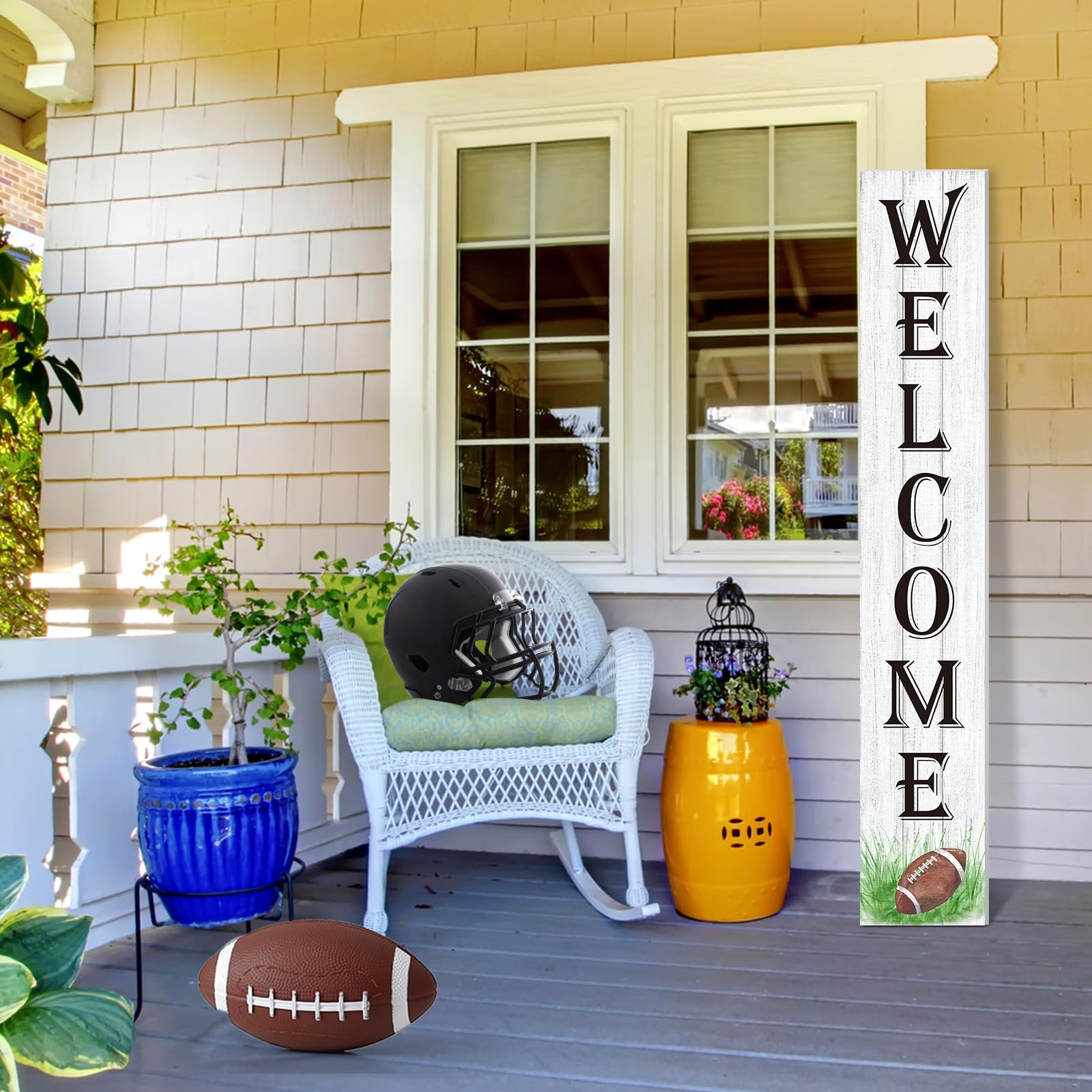 Memorywuu sign styled on a covered porch adding seasonal warmth and festive curb appeal