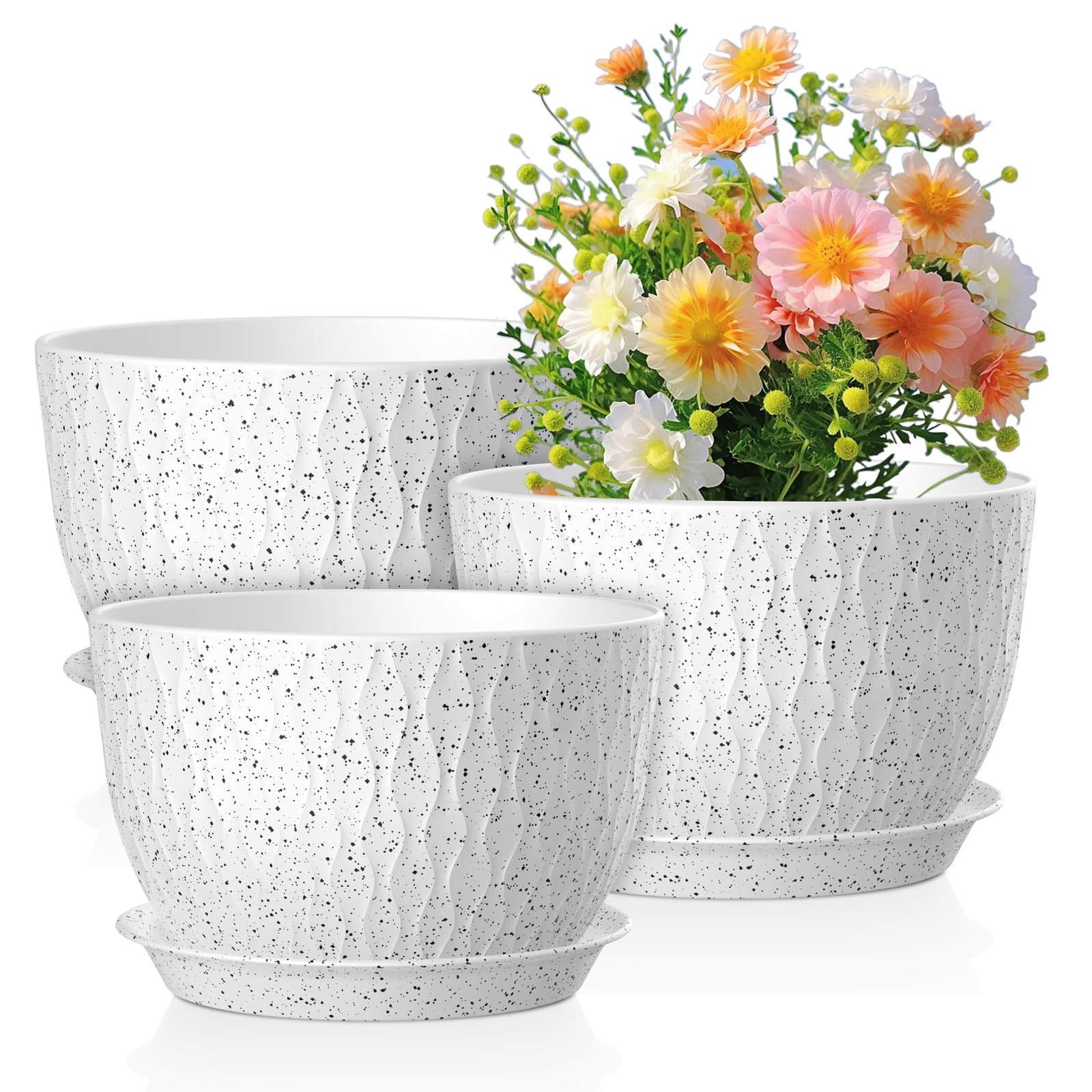 Meowell front view of three speckled white pots showing modern look and versatility