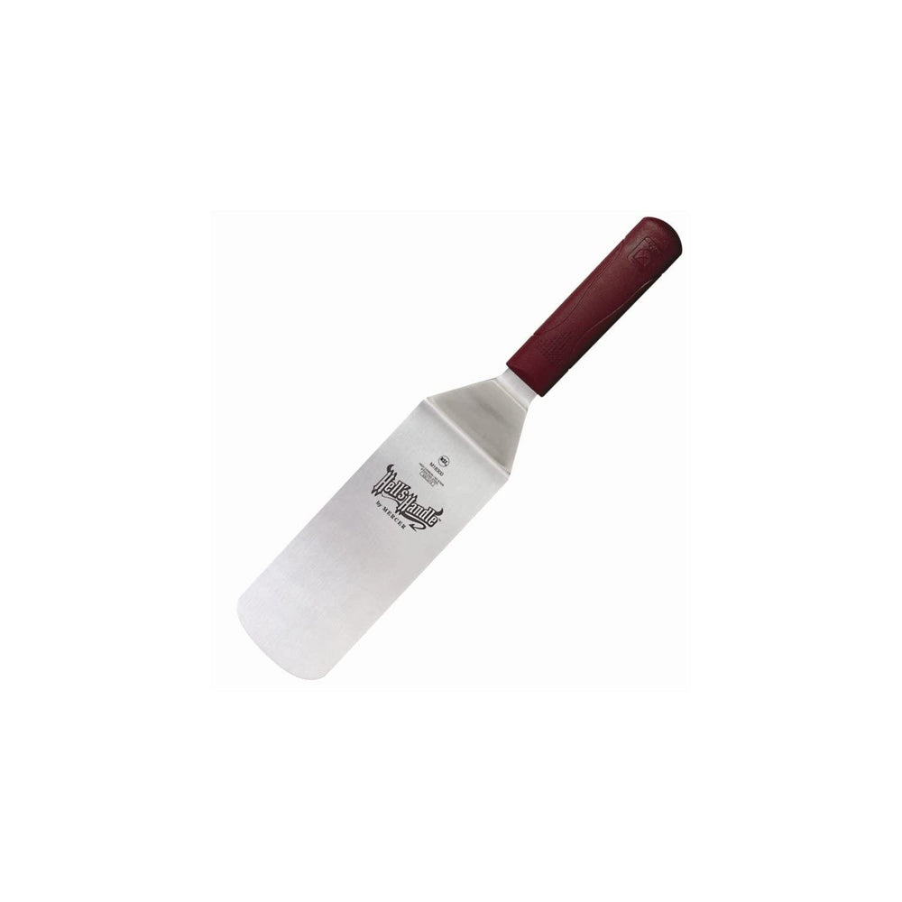 Mercer Culinary Hell's Handle turner front view showing stainless blade and cool-touch handle benefit