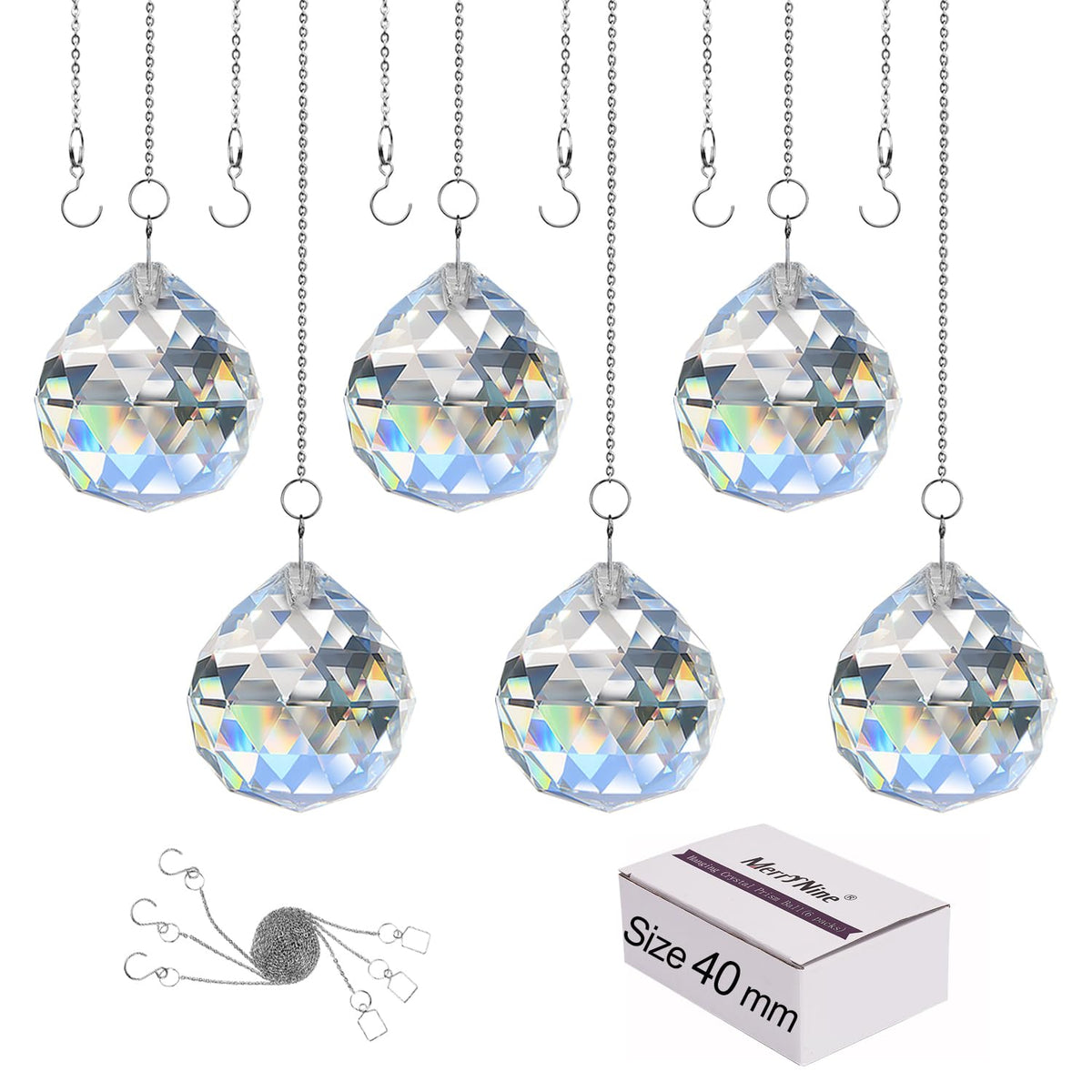 MerryNine front packaging showing crystal suncatcher set and benefits