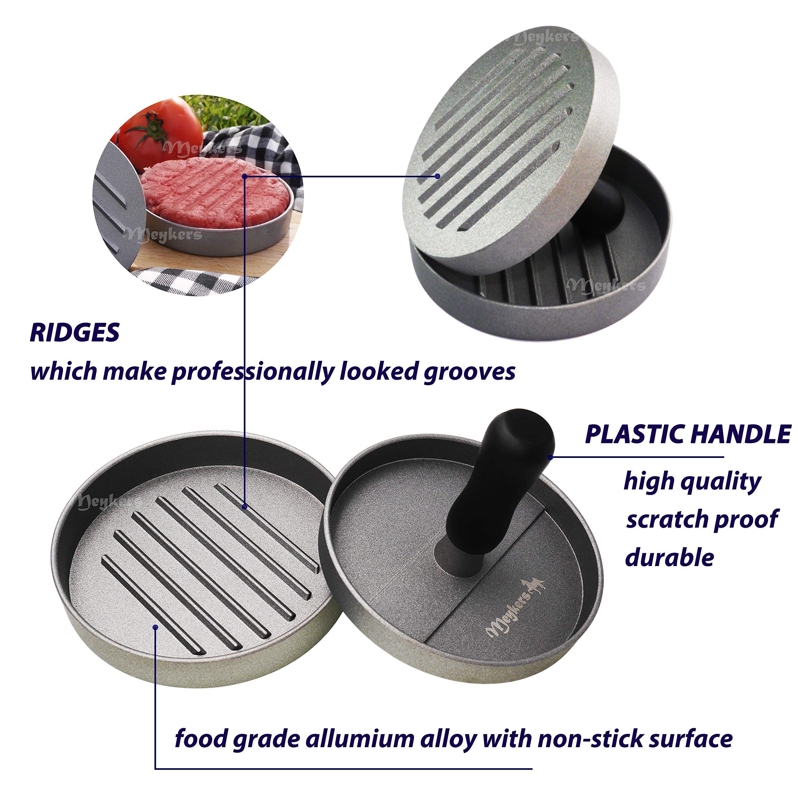 Meykers press forming a burger patty on a cutting board for consistent portions