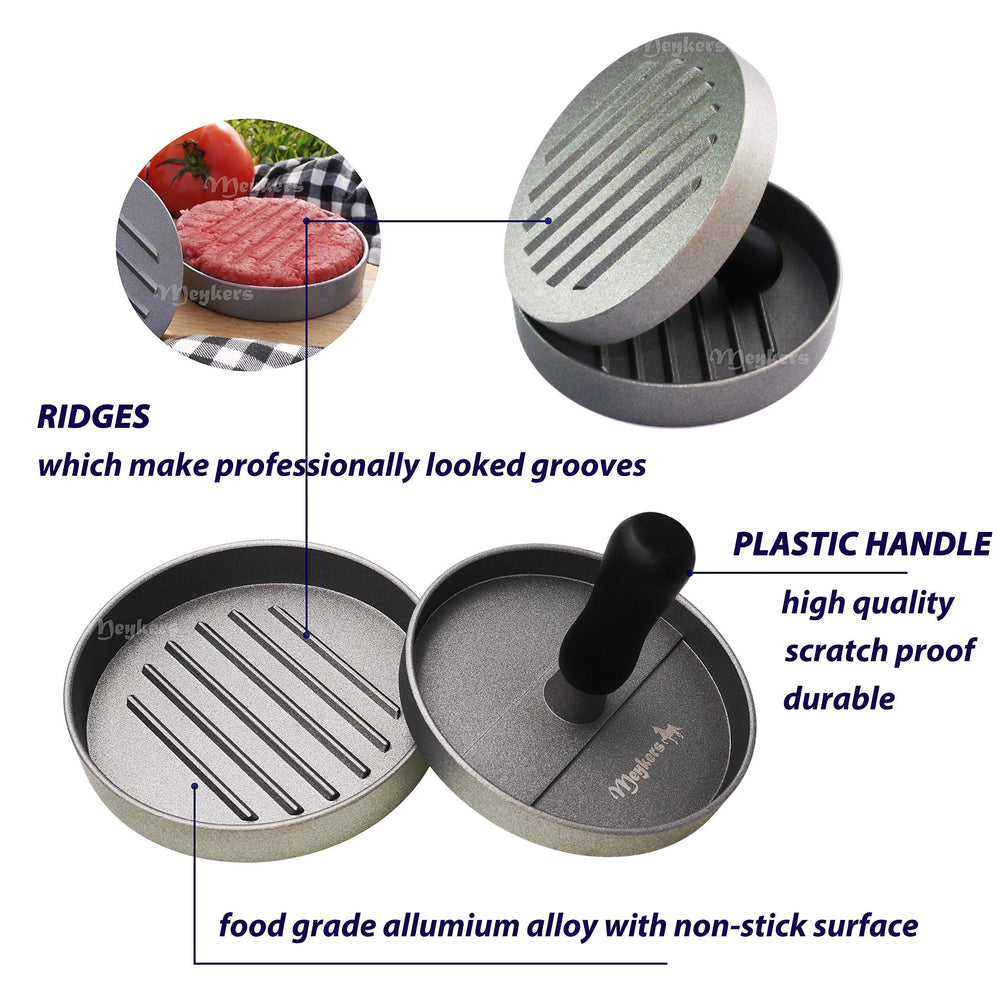 Meykers press forming a burger patty on a cutting board for consistent portions