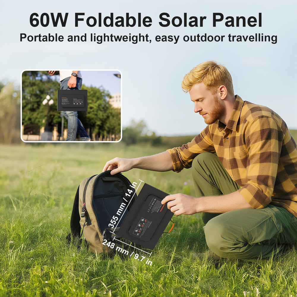 MHPOWOS panel hanging on backpack during camping trip for on-trail charging