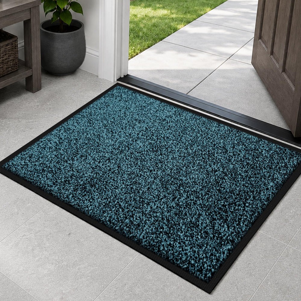 Mibao front view blue mat showing clean welcome and durable surface benefit