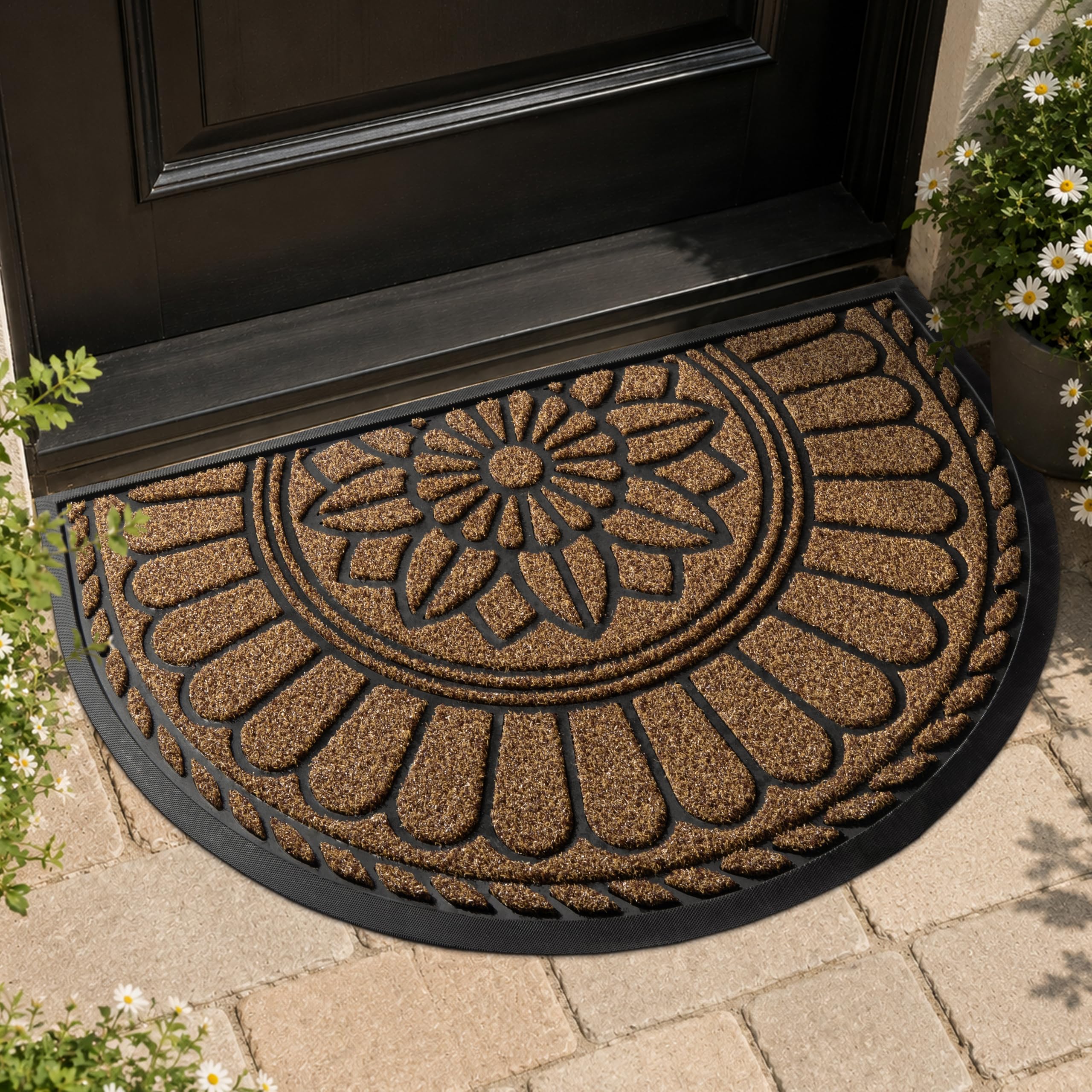 Mibao half round front view showing welcome mat protecting entryway