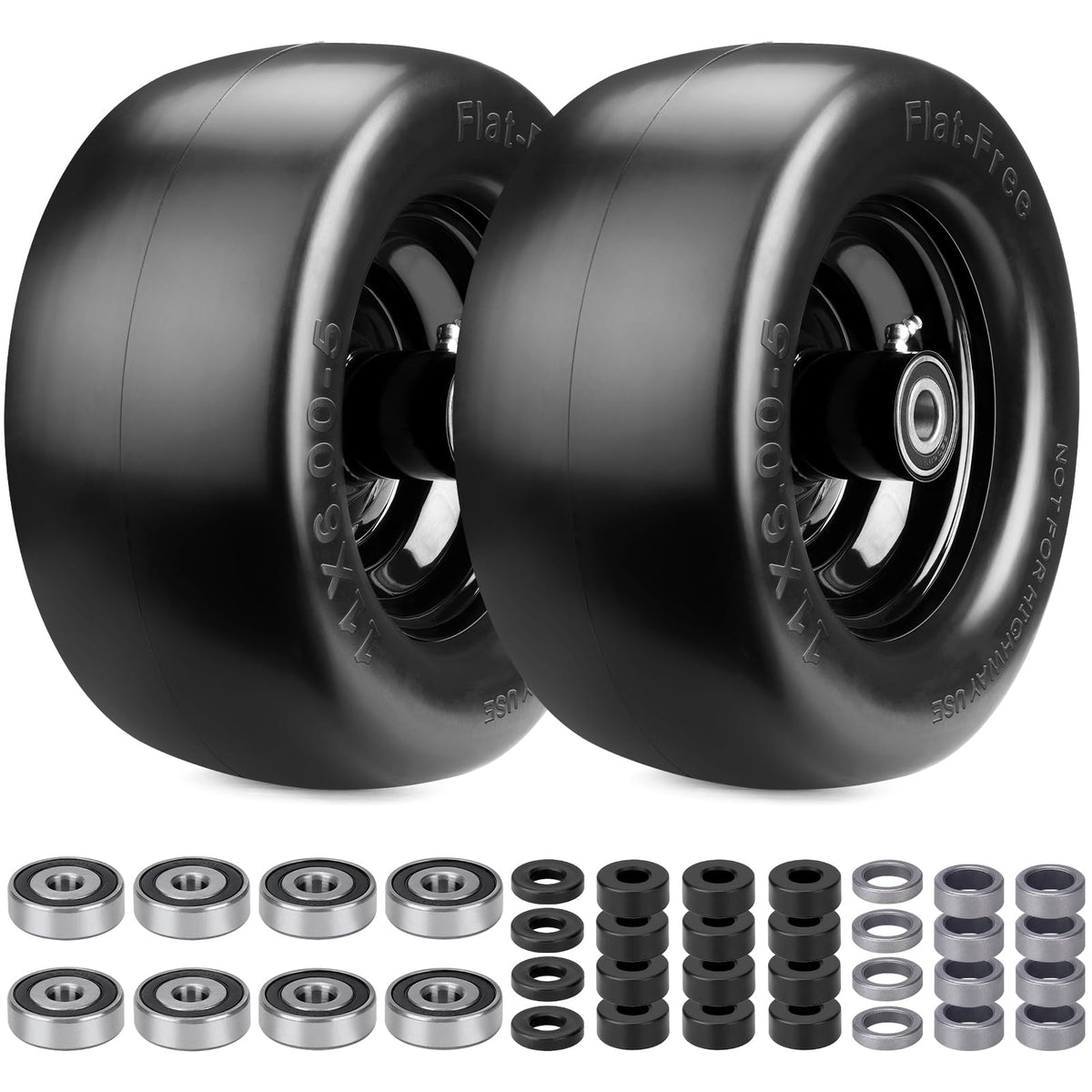 Midcos front view of two 11x6.00-5 tires showing ready-to-install wheels and durability