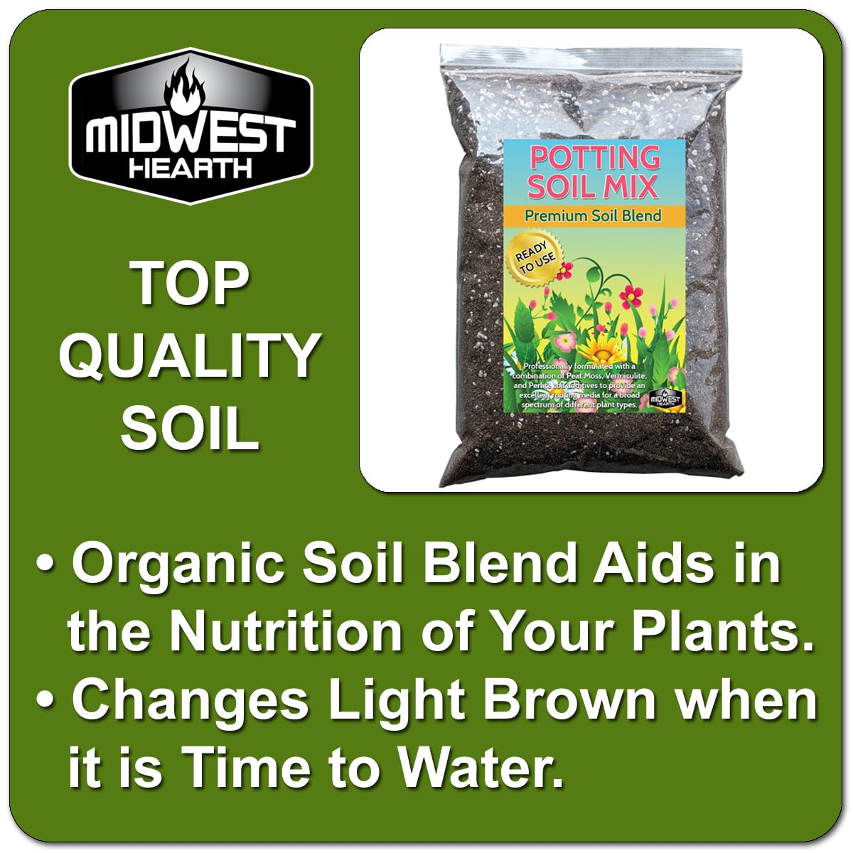 Midwest Hearth bag next to a ruler and label highlighting the 8 quarts made-in-USA advantage