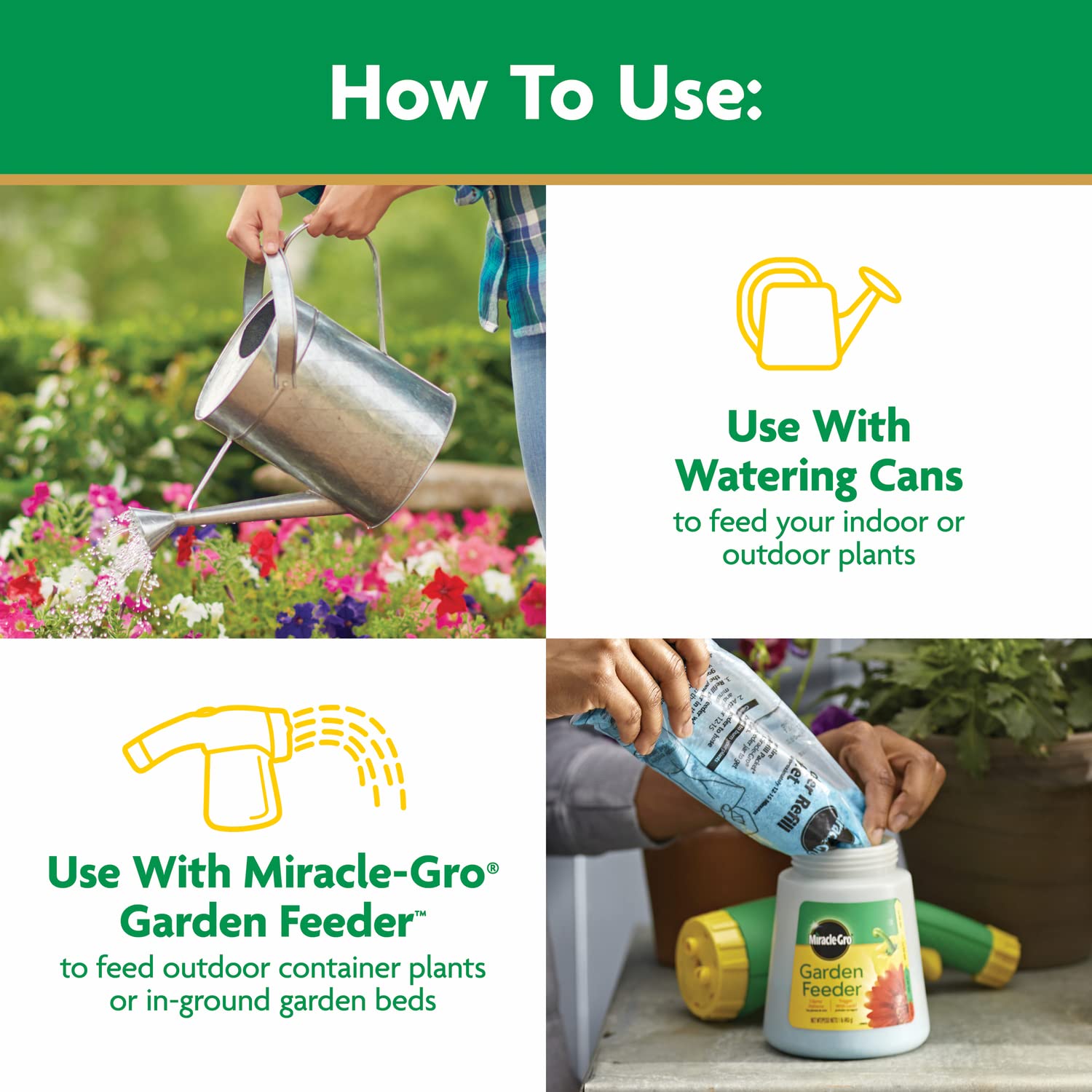 Miracle-Gro pouring solution at plant base to nourish roots efficiently