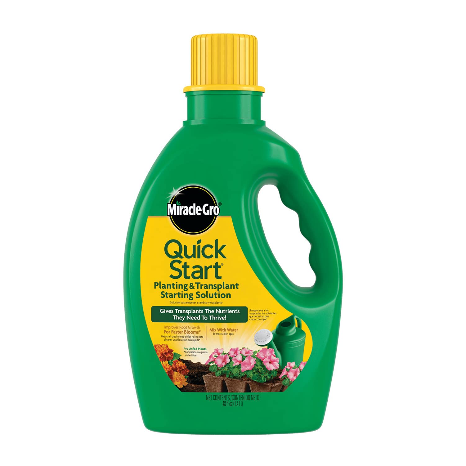 Miracle-Gro bottle front view showing label and size for quick identification and benefit