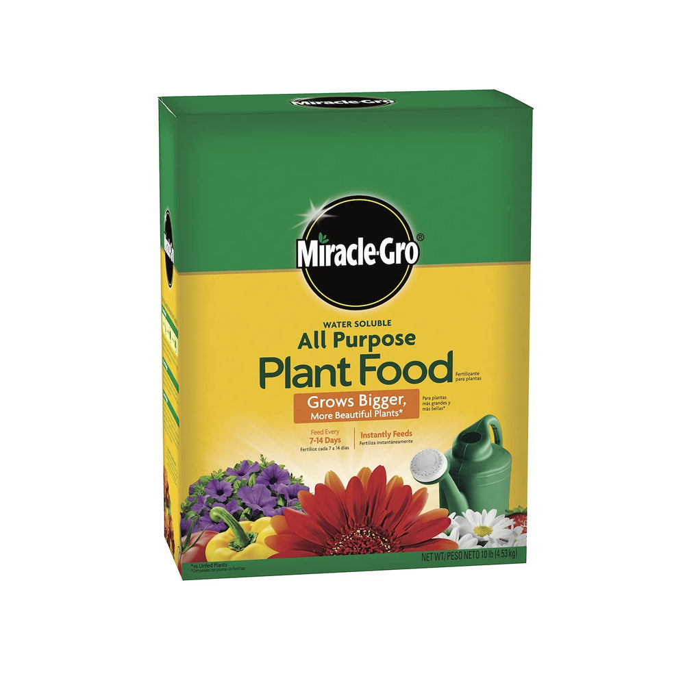 Miracle-Gro front label on 10 lb tub showing product name and benefits