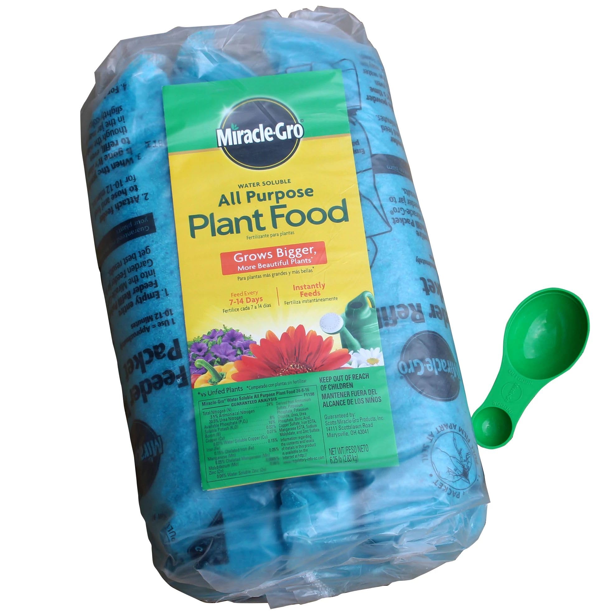 Miracle-Gro front packaging showing 6.25 lb container and quick-benefit