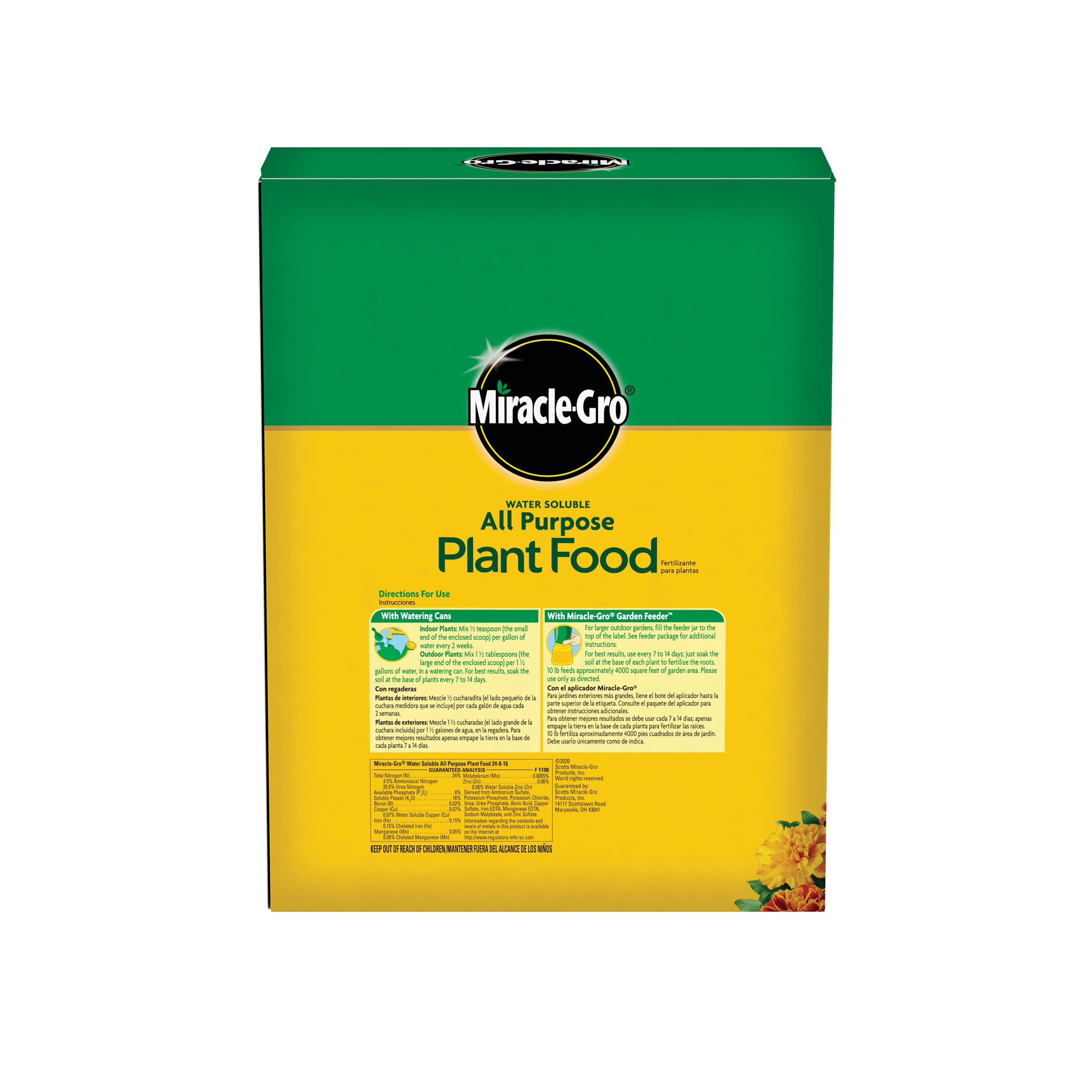 Miracle-Gro open tub showing granulated plant food texture and quantity
