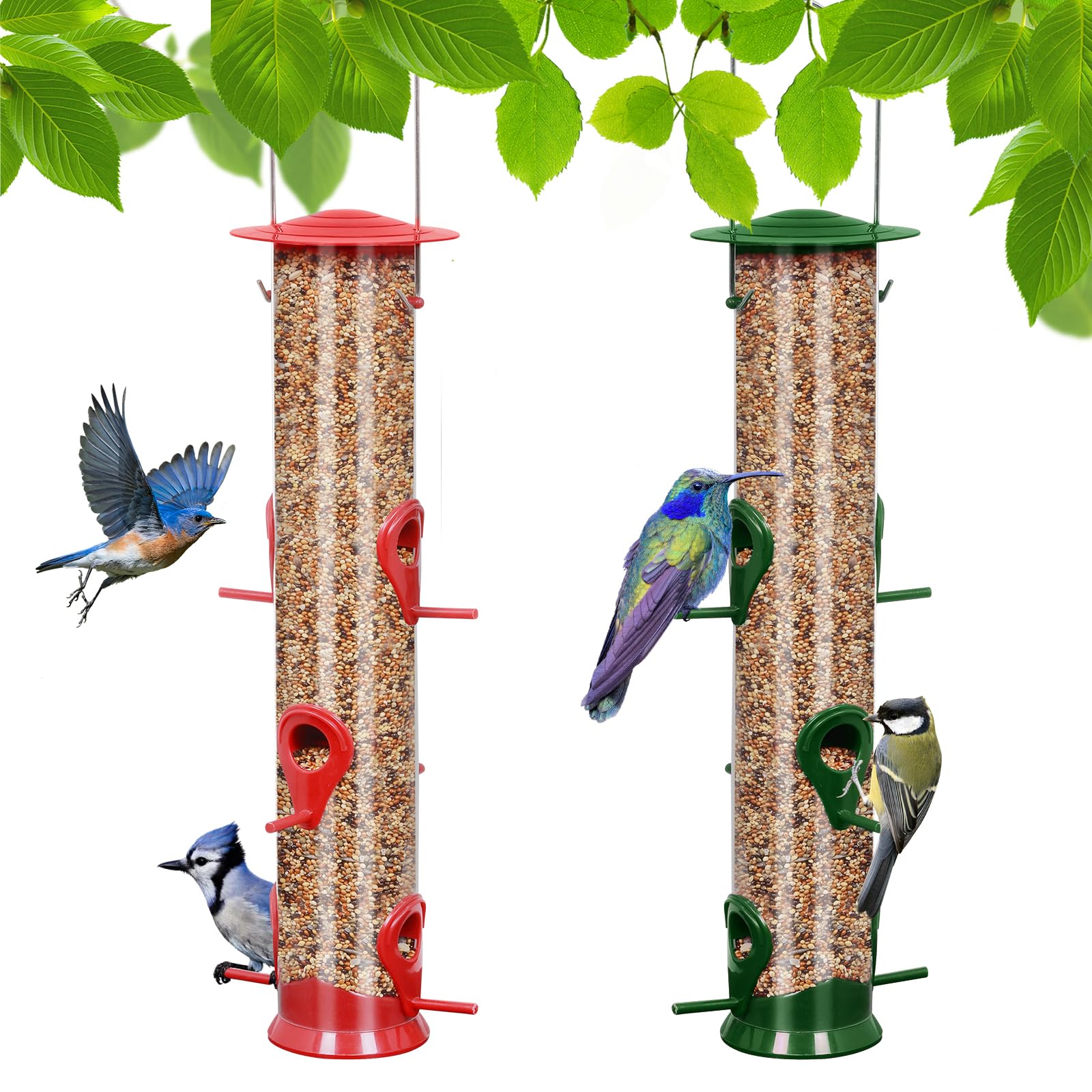 MIXXIDEA front view showing two colored tube feeders and easy bird access