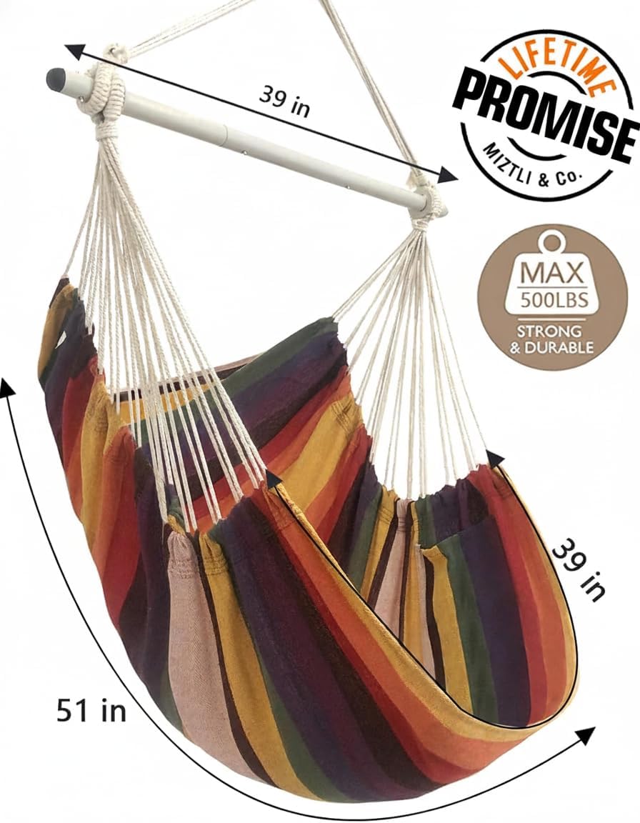MIZTLI hammock chair hung on a tree demonstrating outdoor use and durability