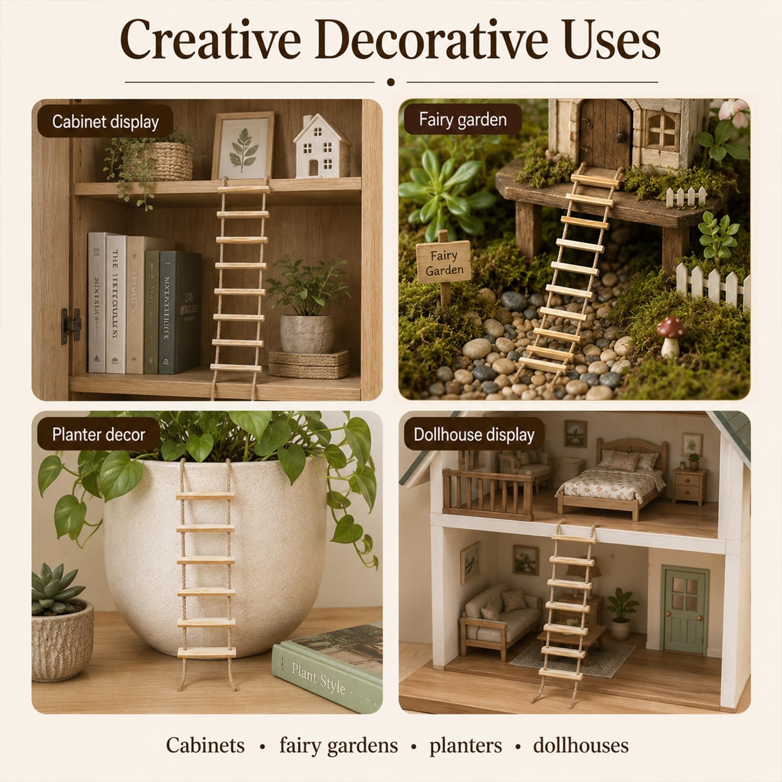 MOCCOOL ladders styled on shelf giving rustic décor enhancement benefit