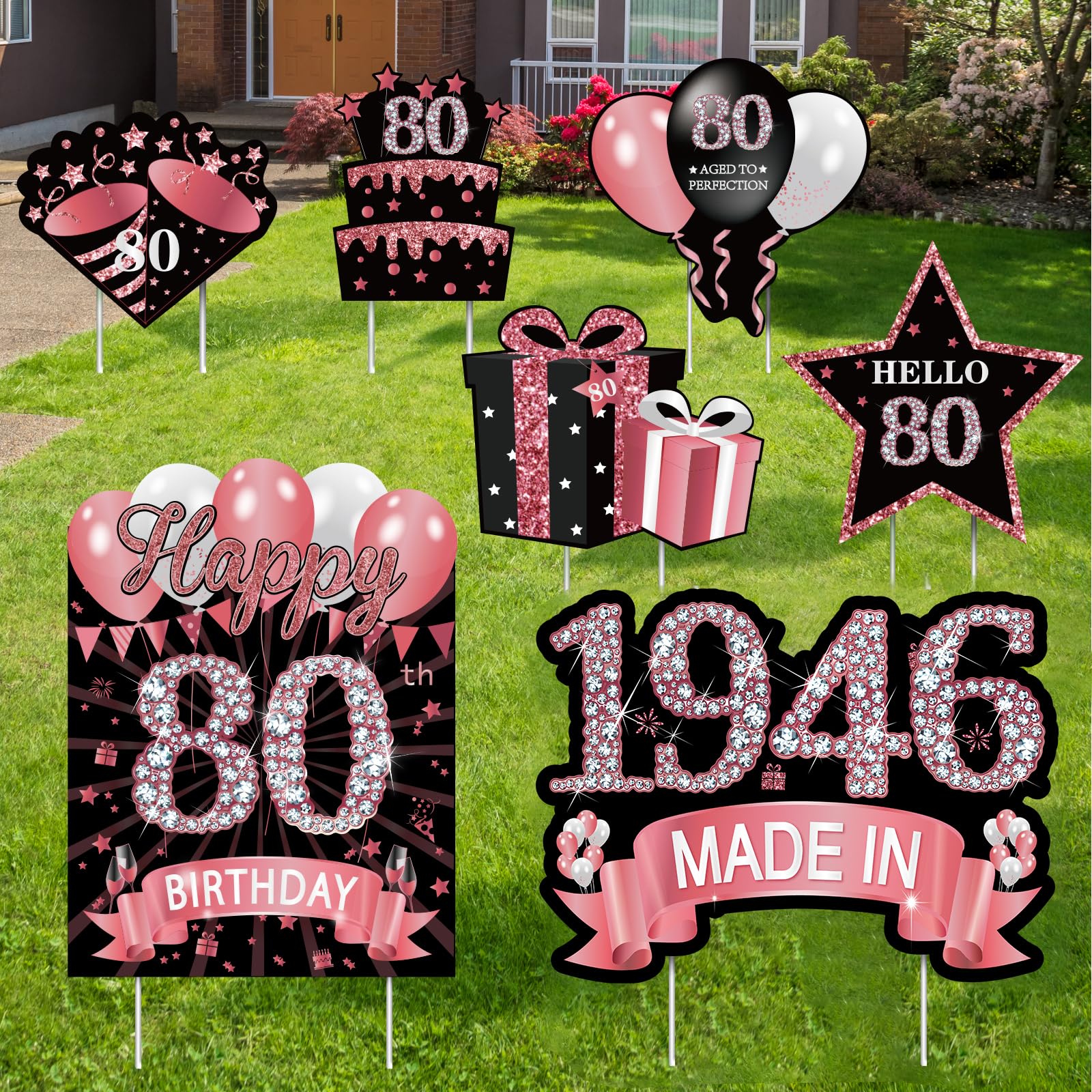 MOORAY front display of rose gold 80th yard sign showing celebratory look