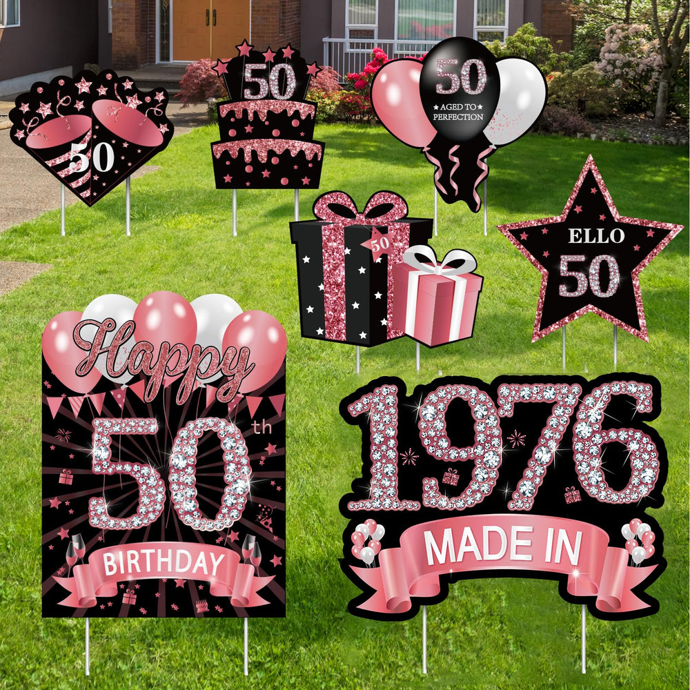 MOORAY front view of rose gold 50th yard sign for easy setup