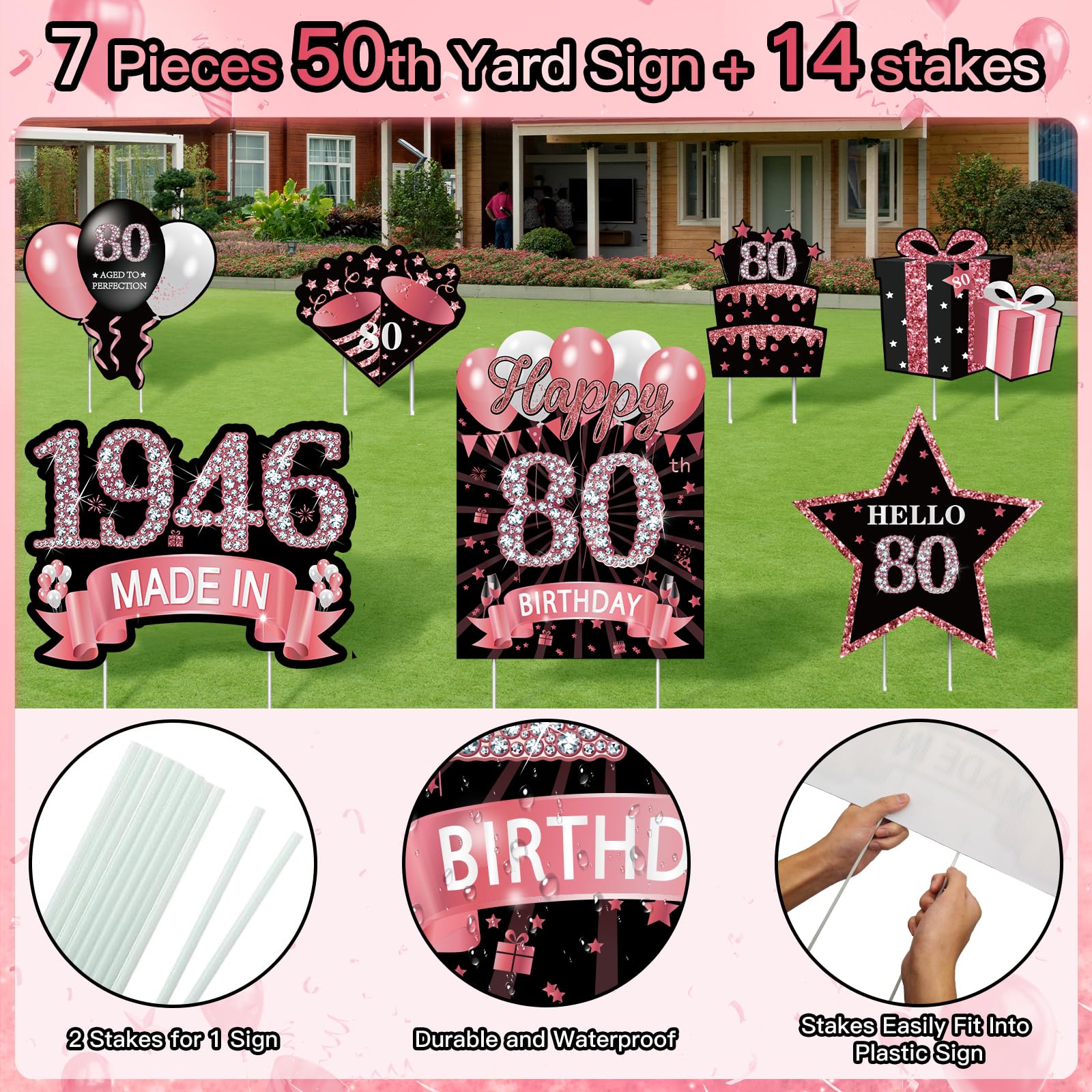 MOORAY backyard birthday setup with signs creating festive atmosphere