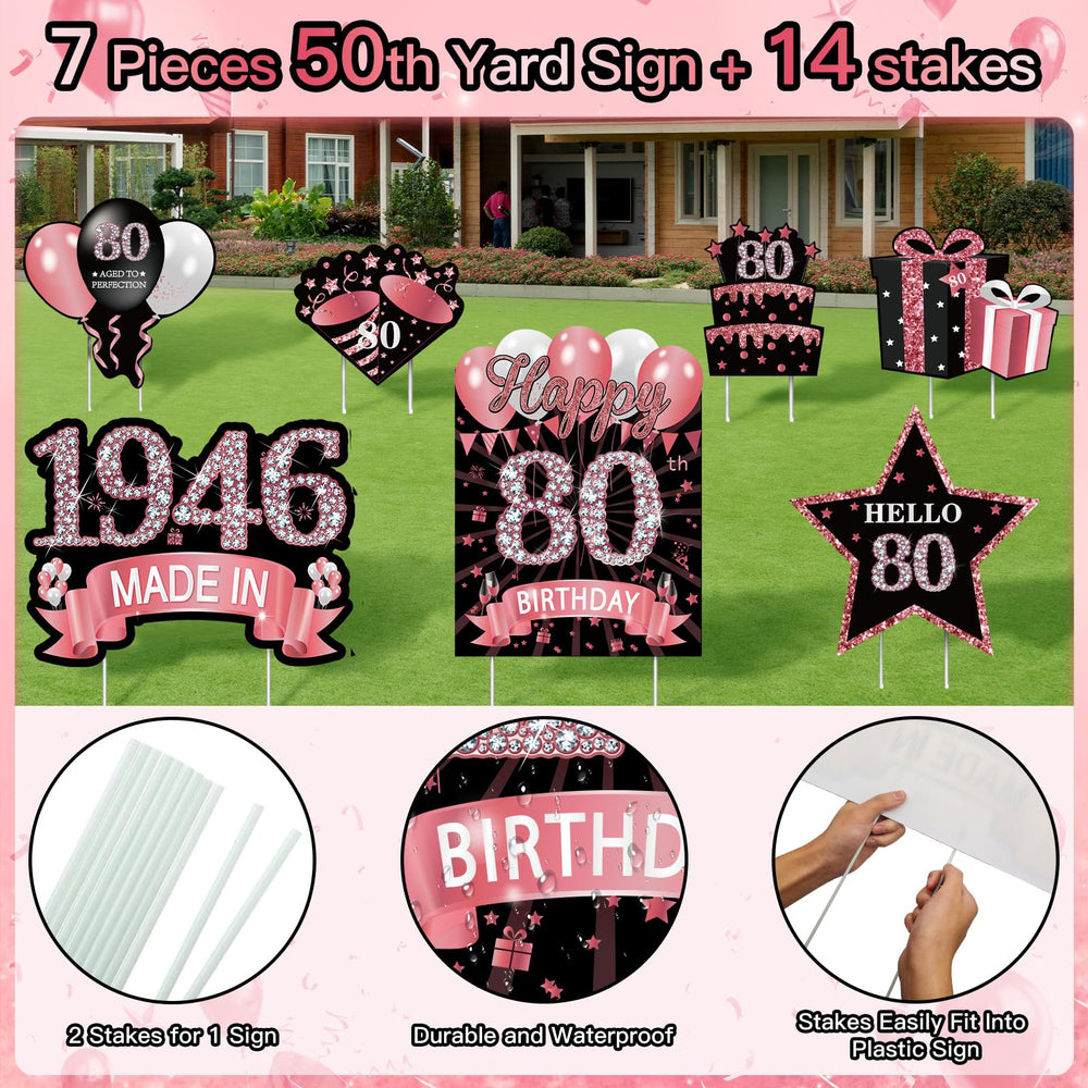 MOORAY backyard birthday setup with signs creating festive atmosphere