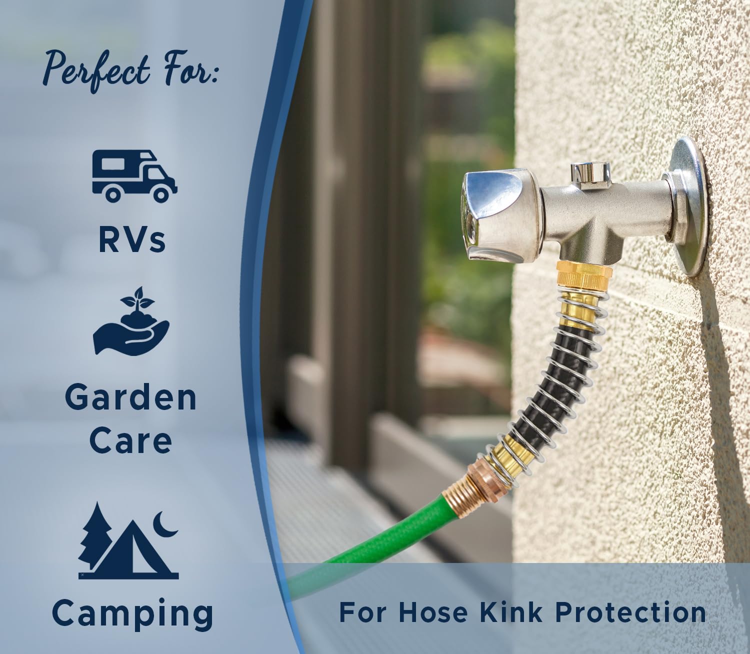 Morvat protector installed on outdoor faucet demonstrating stable hose alignment benefit