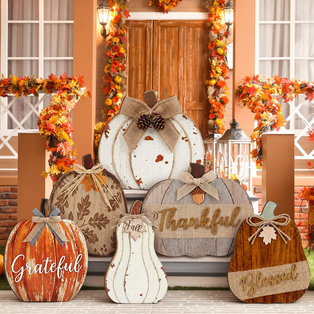 Moucuny front view of six pumpkin signs showing farmhouse charm and ready display