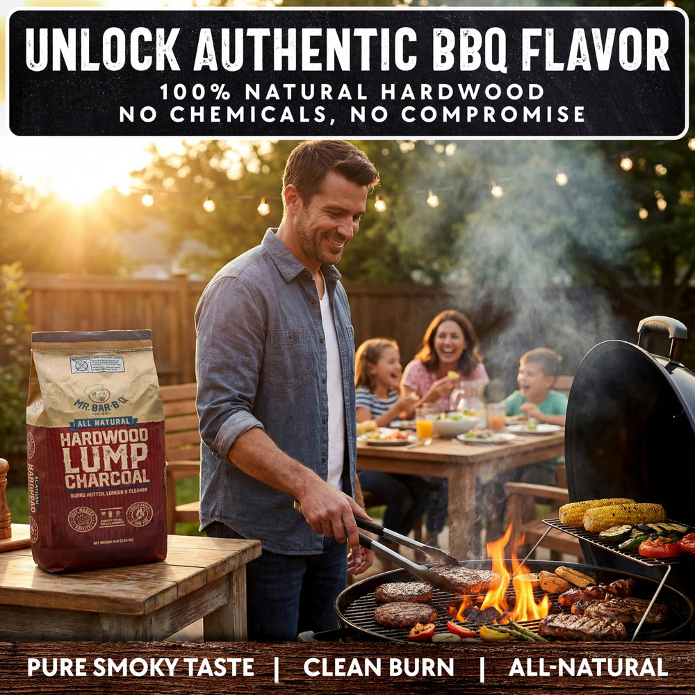 Mr. Bar-B-Q bag label detail highlighting 100% natural hardwoods and low ash