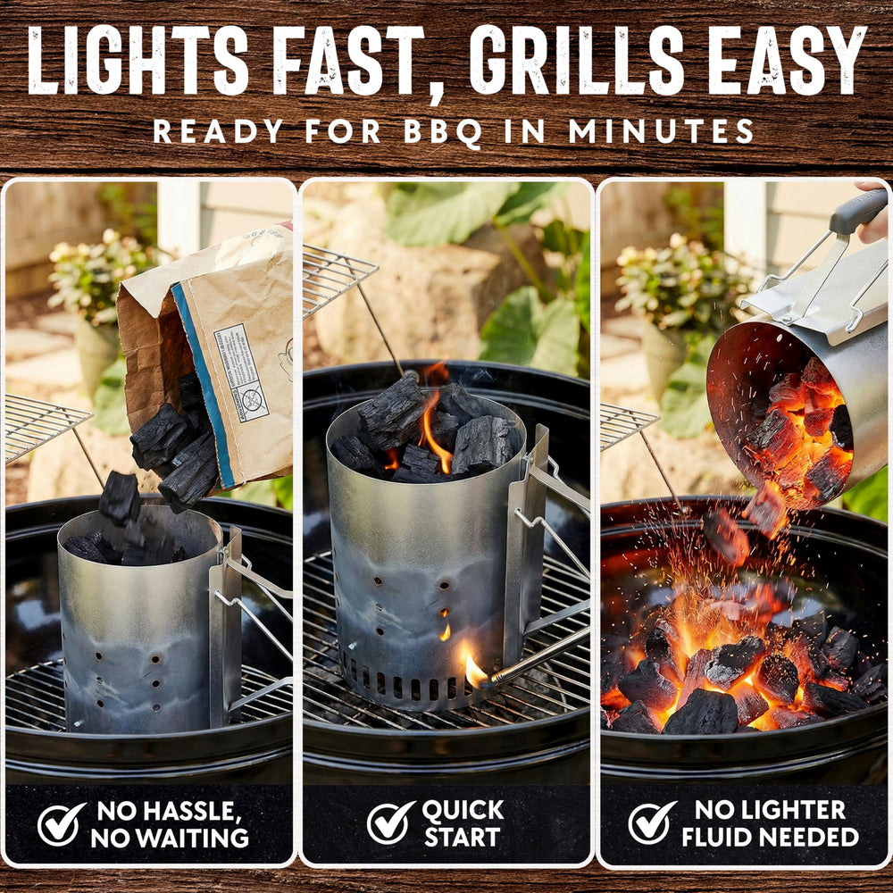 Mr. Bar-B-Q searing steak over charcoal showing high-heat sear benefit