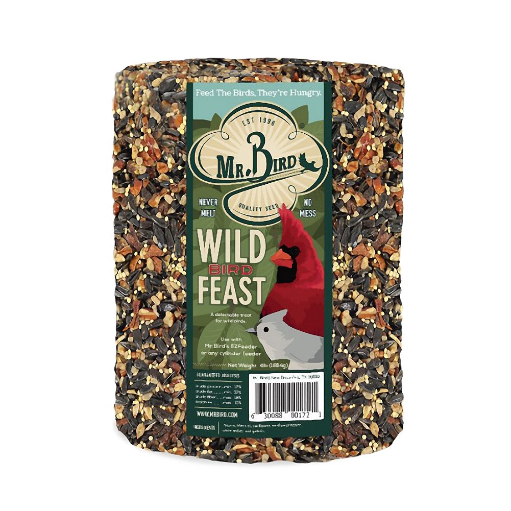 Mr. Bird cylinder packaging showing 4 lb pack and freshness, attracts more birds