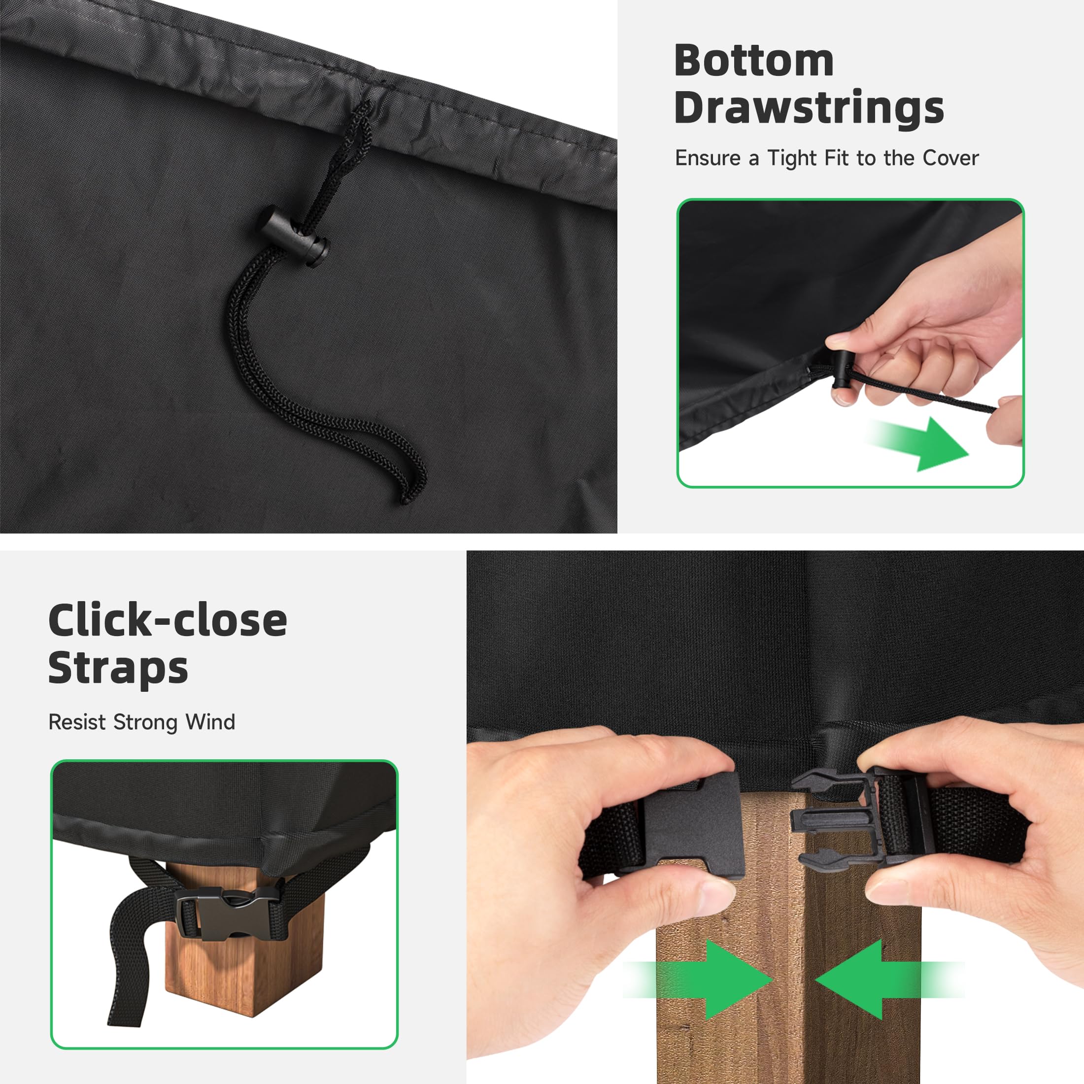 MR. COVER buckles and drawstring shown securing cover against wind
