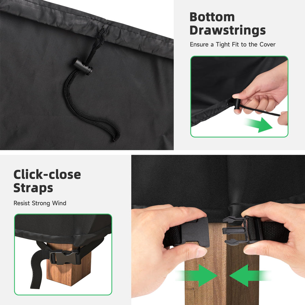 MR. COVER buckles and drawstring shown securing cover against wind